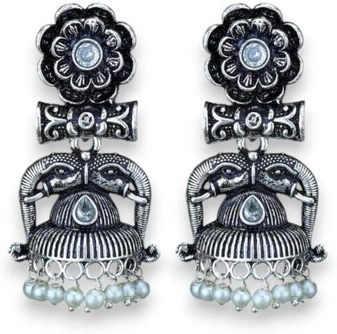 LoveNspire Indian Oxidized Jhumka Earrings for Women - Indian Oxidized Trishul Jhumki Ethnic Shiva Trident Chandbali Earrings Faux Pearls Bollywood Style Floral Dangle Earring Jewelry for Bride in Kuwait