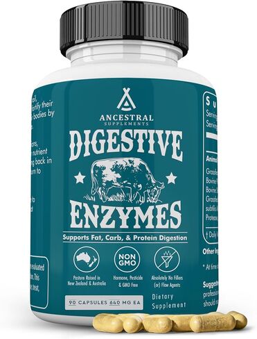 Ancestral Supplements Digestive Enzymes for Women & Men, 90 Capsules, with Probiotics and Grass Fed Beef Organs, Supports Gut Health, Digestive Health & Nutrient Absorption, Allergen Free, Non GMO in Kuwait