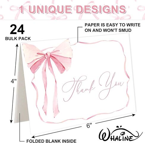 Whaline 24 Pack Pink Bow Thank You Cards Coquette Bow Greeting Cards with Envelopes Stickers Blank Note Card for Wedding Bridal Baby Shower Birthday, 4 x 6 Inch in Saudi Arabia