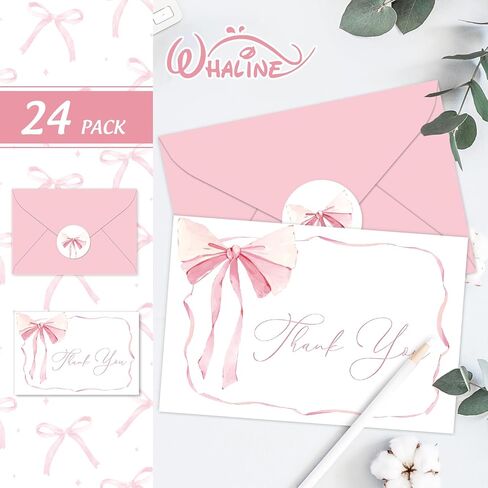 Whaline 24 Pack Pink Bow Thank You Cards Coquette Bow Greeting Cards with Envelopes Stickers Blank Note Card for Wedding Bridal Baby Shower Birthday, 4 x 6 Inch in Saudi Arabia