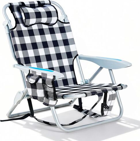 كرسي الشاطئ المحمول للبالغين، كرسي تخييم خفيف الوزن في الهواء الطلق، كرسي مسطح قابل للطي على ظهر الشاطئ مع 4 أوضاع، مسند للرأس، حقيبة تبريد، حامل أكواب، أخضر عشبي in Kuwait