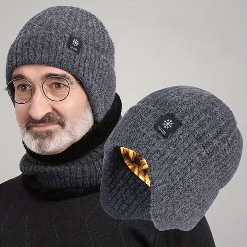 Men's Winter Warm Knit Beanie Hat with Elastic & Snowflake Design, Thick Insulated Cold Weather Hat, Machine Washable in Saudi Arabia