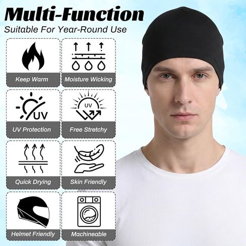 2-Pack Quick-Dry Skull Caps for Men, Breathable Cycling Beanie & Sleeping Hat, Helmet Liner, Lightweight Sport Headwear Black, White in Saudi Arabia