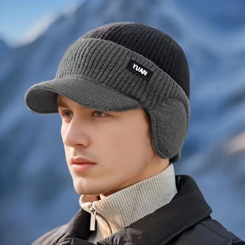 Men's Winter Ear-Protecting Knitted Cap - Warm, Fleece-Lined Hat for Outdoor Cycling, Color-Block Design in Saudi Arabia