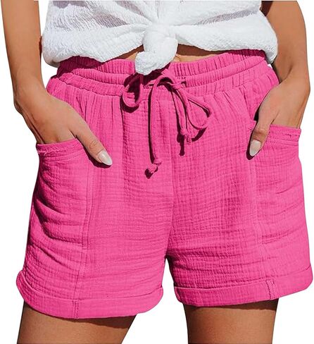 شورت من القطن والكتان للنساء شورت برمودا صيفي كاجوال برباط للشاطئ مع جيوب in Kuwait