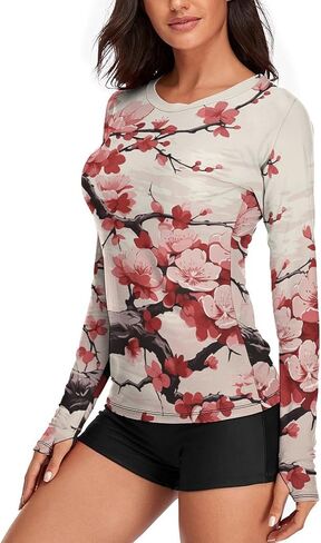 Women's Long Sleeve Sun Shirt Japanese Floral Cherry Blossom Sun Protection Workout Tops Lightweight Gym Hiking Shirts in Saudi Arabia