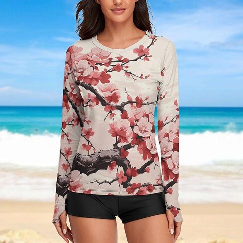 Women's Long Sleeve Sun Shirt Japanese Floral Cherry Blossom Sun Protection Workout Tops Lightweight Gym Hiking Shirts in Saudi Arabia