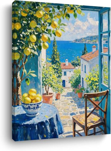 Italy Coast Wall Art, Nature Landscape Watercolor Painting Framed Canvas Print Modern Home Decor, Summer Aesthetic Italian Lemon Prints for Living Room Kitchen Farmhouse Decorations 15x11.4 inch in Saudi Arabia