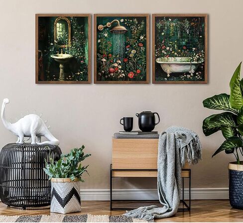 3 قطع الحمام النباتية الخضراء قماش جدار الفن 12x16in، مغسلة دش حوض الاستحمام الأزهار طباعة ملصق، الزهور البرية الخضراء الداكنة ريفي ديكور جدار الحمام لغرفة الغسيل مزرعة ديكور المنزل in Kuwait