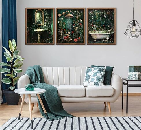 3 قطع الحمام النباتية الخضراء قماش جدار الفن 12x16in، مغسلة دش حوض الاستحمام الأزهار طباعة ملصق، الزهور البرية الخضراء الداكنة ريفي ديكور جدار الحمام لغرفة الغسيل مزرعة ديكور المنزل in Kuwait