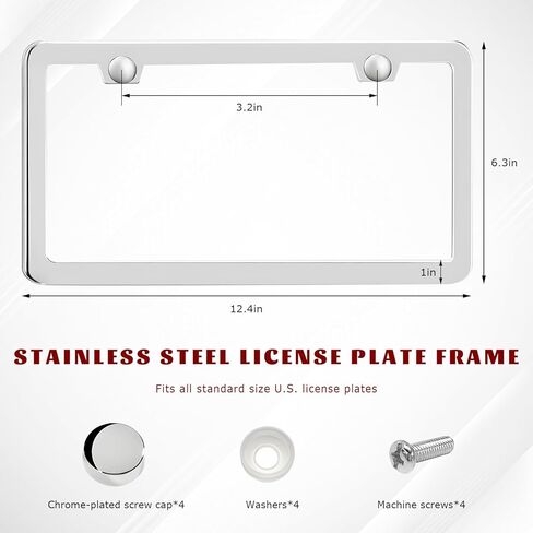 2 PCS License Plate Frames, 2 Holes Rust-Proof License Plate Holder with Screws Kit, Stainless Steel Front Rear Tag Cover for Most Vehicles, Universal Car Accessories in Kuwait