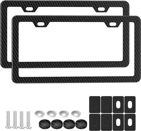 Carbon Fiber License Plate Frame 2 Pack, Slim Aluminum Car Tag Holder 2 Hole Design, Rattle Proof & Rust Resistant, Includes Screws, Caps & Rattle Proof Pad, for Front & Rear in Saudi Arabia