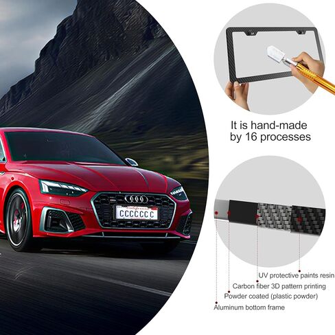Carbon Fiber License Plate Frame 2 Pack, Slim Aluminum Car Tag Holder 2 Hole Design, Rattle Proof & Rust Resistant, Includes Screws, Caps & Rattle Proof Pad, for Front & Rear in Saudi Arabia
