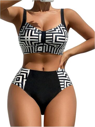 OYOANGLE Women's Geometric Print Bikini Set Cheeky Bathing Suit Ruched Waisted Hipster Swimsuit in Saudi Arabia