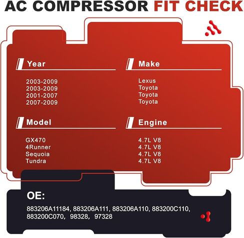 AC Compressor for Lexus GX470 & Toyota 4Runner/Sequoia/Tundra 4.7L V8 (2001-2009) | OE Replaces 88320-6A111,97328 | Air Conditioning A/C Compressor & Component Kit | Restores Powerful Cooling in Kuwait