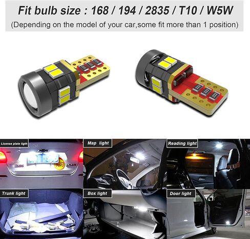 194 لمبة إضاءة لوحة ترخيص LED 400% سطوع عالي T10 168 2825 W5W لمبات لباب خريطة القبة للسيارة الداخلية 6000K أبيض، حزمة من 2 in Kuwait