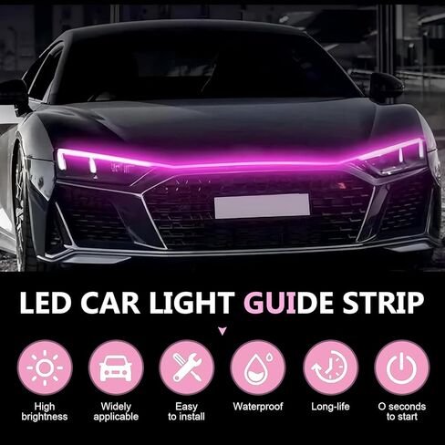 Car LED Hood Light Strip, 12 V Start-up Constant Cool Light, Flexible Waterproof Daytime Running Lamp for Hood Gap, Adhesive Tape Engine Cover Decoration for Cars SUVs (Pink) in Kuwait