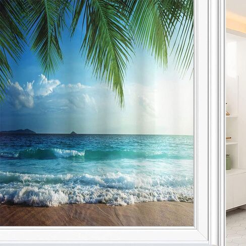 Summer Privacy Window Film, Tropical Beach Ocean Behind Palm Tree Caribbean Exotic Holiday Image, Glass Film for Home Office Living Room, W23.6 x L35.4 Inch Fern Green in Saudi Arabia