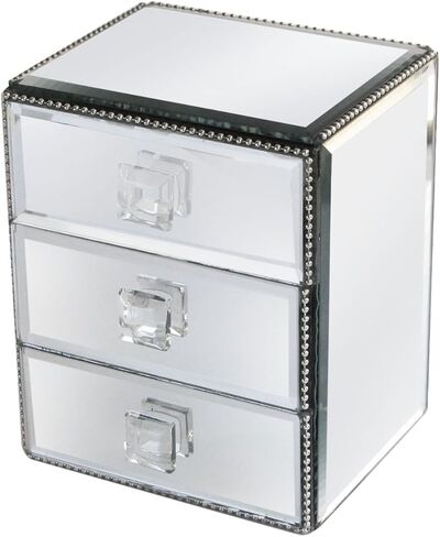 صندوق مجوهرات مرآة مكون من 3 أدراج من أمريكان أتيلييه مع خرز، مقاس 4.7 × 3.9 × 5.7 بوصة، فضي in Kuwait