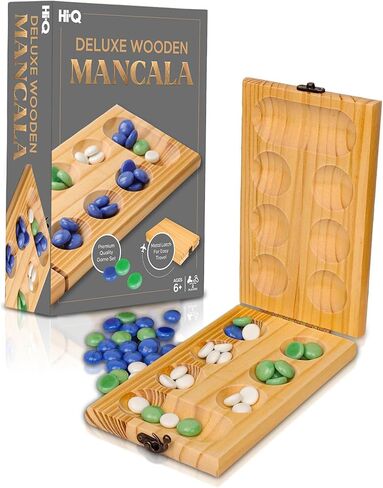 Point Games Solid Pine Mancala - Folding Board Game with Blue, Green, White Marbles- Portable Strategy Travel Game - Recommended Ages 6+ in Kuwait