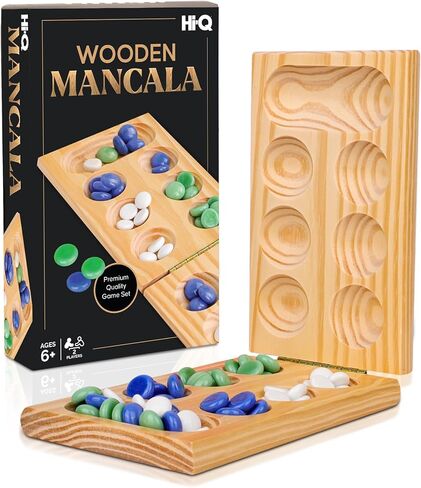 Point Games Solid Pine Mancala - Folding Board Game with Blue, Green, White Marbles- Portable Strategy Travel Game - Recommended Ages 6+ in Kuwait