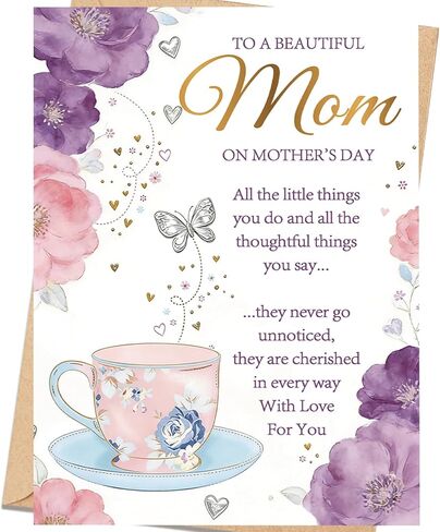Elegant Floral Mother's Day Card for Mom, Happy Mothers Day Greeting Card Gift with Envelope, Printed Message Inside in Saudi Arabia