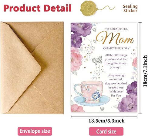 Elegant Floral Mother's Day Card for Mom, Happy Mothers Day Greeting Card Gift with Envelope, Printed Message Inside in Saudi Arabia