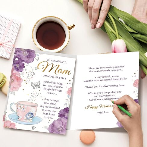 Elegant Floral Mother's Day Card for Mom, Happy Mothers Day Greeting Card Gift with Envelope, Printed Message Inside in Saudi Arabia