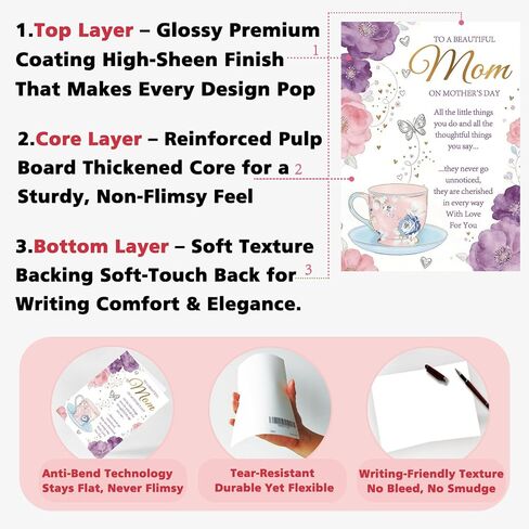 Elegant Floral Mother's Day Card for Mom, Happy Mothers Day Greeting Card Gift with Envelope, Printed Message Inside in Saudi Arabia
