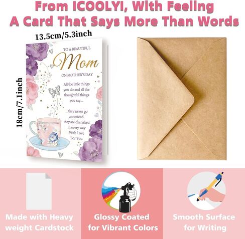 Elegant Floral Mother's Day Card for Mom, Happy Mothers Day Greeting Card Gift with Envelope, Printed Message Inside in Saudi Arabia