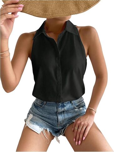 Verdusa Women's Sleeveless Dressy Casual Blouses Collared Button Down Shirts Elegant Tops in Saudi Arabia