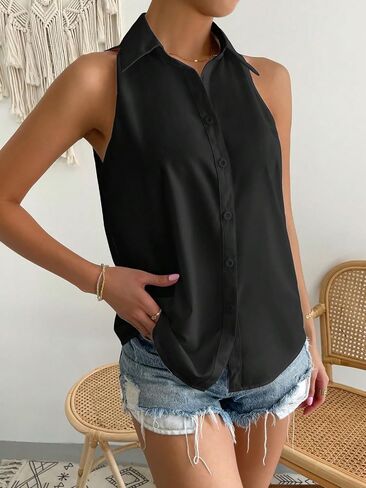 Verdusa Women's Sleeveless Dressy Casual Blouses Collared Button Down Shirts Elegant Tops in Saudi Arabia
