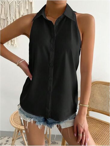 Verdusa Women's Sleeveless Dressy Casual Blouses Collared Button Down Shirts Elegant Tops in Saudi Arabia