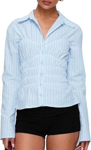 Womens Button Down Long Sleeve Babydoll Shirts Striped/Solid Lapel V Neck Slim Fit Blouses Fall Work Office Tops in Kuwait