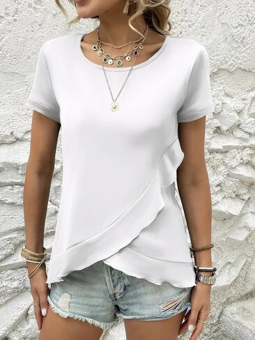 Women's Round Neck Short Sleeve Casual Blouse Comfortable Top for Daily Wear Casual Outings in Saudi Arabia