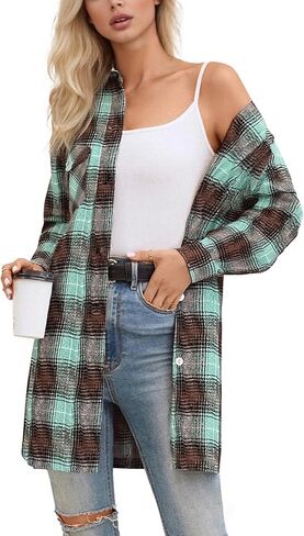 SANGTREE Women and Girls Oversized Flannel Plaid Shirt Mid-Length Casual Button Down Shirt with Pockets in Saudi Arabia