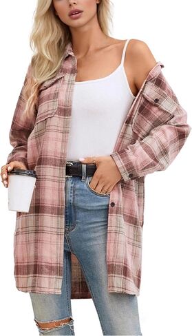 SANGTREE Women and Girls Oversized Flannel Plaid Shirt Mid-Length Casual Button Down Shirt with Pockets in Saudi Arabia