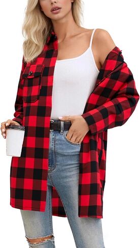 SANGTREE Women and Girls Oversized Flannel Plaid Shirt Mid-Length Casual Button Down Shirt with Pockets in Saudi Arabia