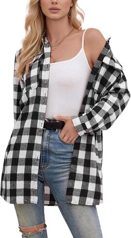 SANGTREE Women and Girls Oversized Flannel Plaid Shirt Mid-Length Casual Button Down Shirt with Pockets in Saudi Arabia
