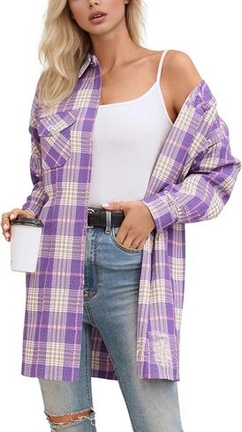 SANGTREE Women and Girls Oversized Flannel Plaid Shirt Mid-Length Casual Button Down Shirt with Pockets in Saudi Arabia