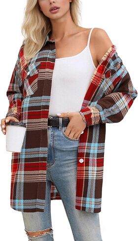 SANGTREE Women and Girls Oversized Flannel Plaid Shirt Mid-Length Casual Button Down Shirt with Pockets in Saudi Arabia