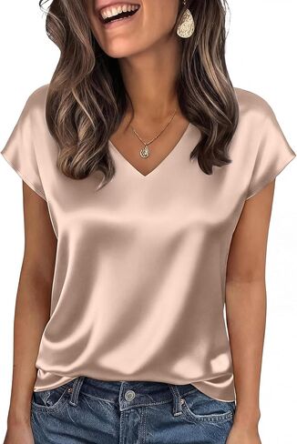 WIHOLL Womens Satin Summer Tops Cap Short Sleeve Blouses V Neck Shirts Business Casual Outfits Fashion Clothing 2026 in Saudi Arabia