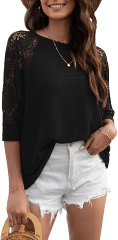 Women Summer Spring Casual Loose Tops Lace See Through 3/4 Long Sleeve Round Neck Blouse Sexy Splicing Crochet Solid Shirt in Saudi Arabia
