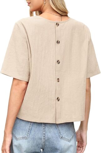 Celmia Womens Button Down Short Sleeve Cotton Shirt Summer Beach Cropped Blouse Casual Shirts Loose Fitting Tops in Saudi Arabia