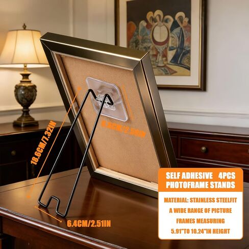 4Pcs Picture Frame Stand - Black Metal Table top easel -Heavy Duty Picture Holder Stand with Self-Adhesive for 5.9 to 10.2 inch Picture Frame Easel 5.12“ x 2.17" in Kuwait