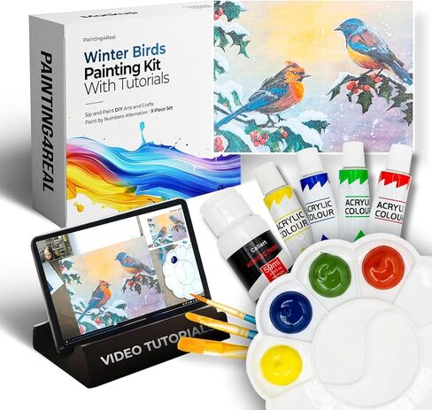 Painting4Real DIY Painting Class Kit for Adults with Video Tutorials: Learn to Paint Winter Birds – Indoor Christmas Decorations – Hang Christmas Picture/Art as Wall Decor Once Completed in Kuwait