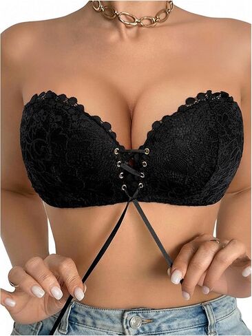 GORGLITTER Women's Lace Push Up Strapless Bra Sheer Mesh Padded Tie Front Wirefree Brassieres in Saudi Arabia