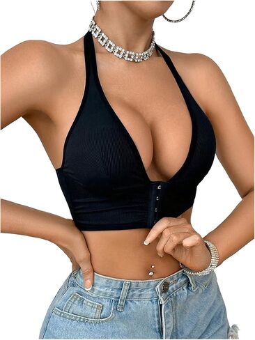SHENHE Women's Front Closure Halter Deep Plunge Bra No Wire Unpadded Comfort Bralette in Saudi Arabia