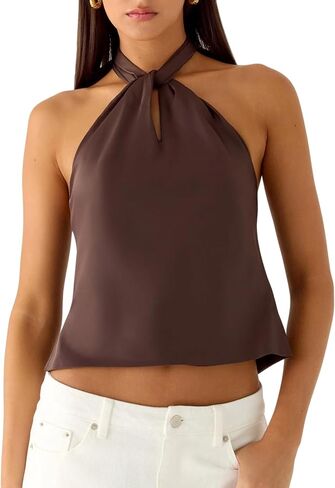 Women Satin Halter Top Twist Front Backless Crop Tank Top Sexy Silk Camisole Going Out Tops in Saudi Arabia