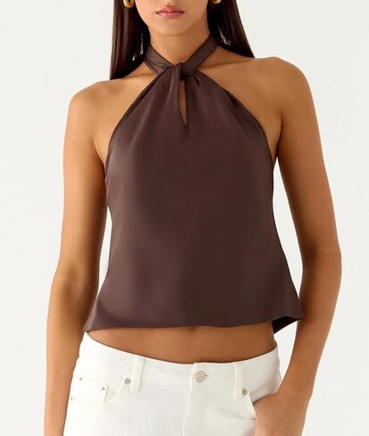 Women Satin Halter Top Twist Front Backless Crop Tank Top Sexy Silk Camisole Going Out Tops in Saudi Arabia